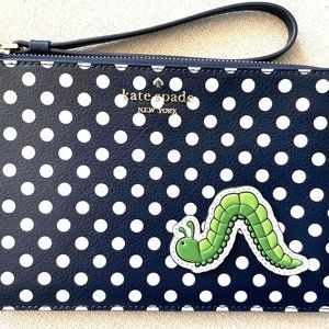 Auth Kate Spade Blue and White Polka Dot Caterpillar Wristlet - Pre Owned